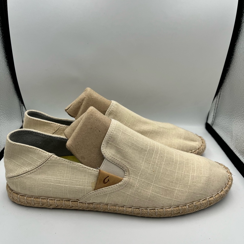 OluKai Kaula Paʻa Kapa Espadrille Slip-On Shoes 11 Beige Canvas